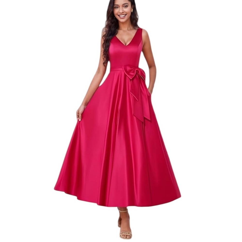 Miss Veil Red Satin Tea Length Dress Sleeveless A Line Bow Accent Waist Plus